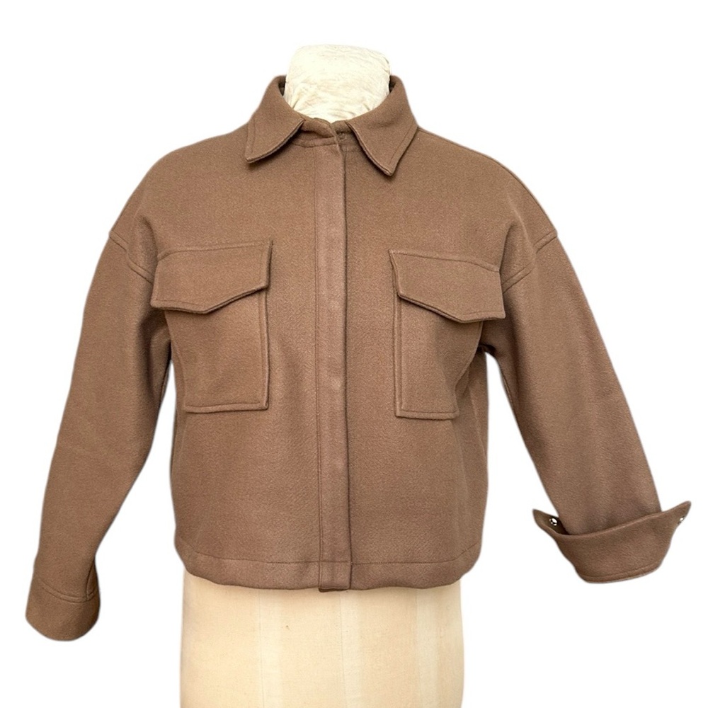 NWT Papillon Anthropologie Button Down Cropped‎ Coat Jacket Pockets in Mocha L